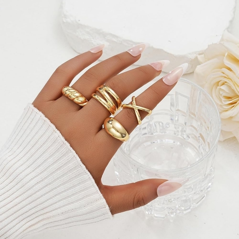 18K Gold Plated Chunky Stackable Rings Set - Picture 5 of 5
